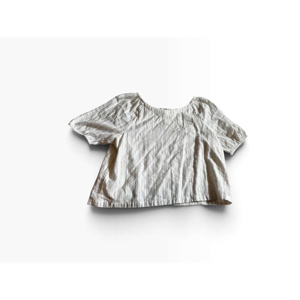 NWT LOFT Blouse Large White Gold Metallic Stripe Puff Sleeve Boho Peasant Top